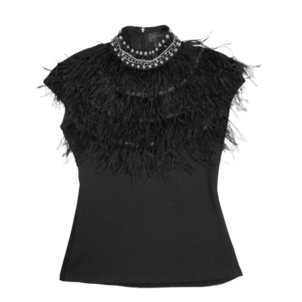 Gracia Embellished Blouse S Ostrich Feather Mesh Back Goth Mardi Gras Rave - Picture 1 of 9